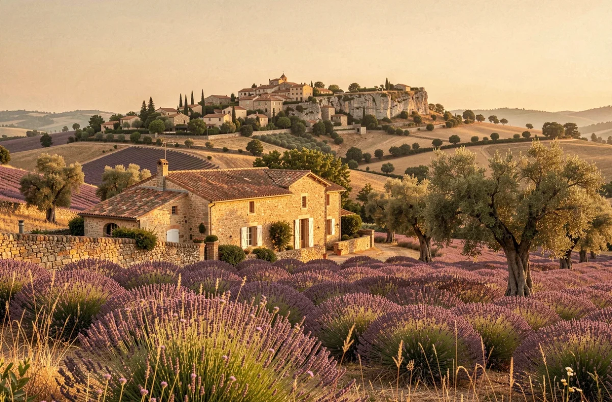 Vue panoramique d'un paysage provençal avec mas en pierre, champs de lavande et village perché au loin