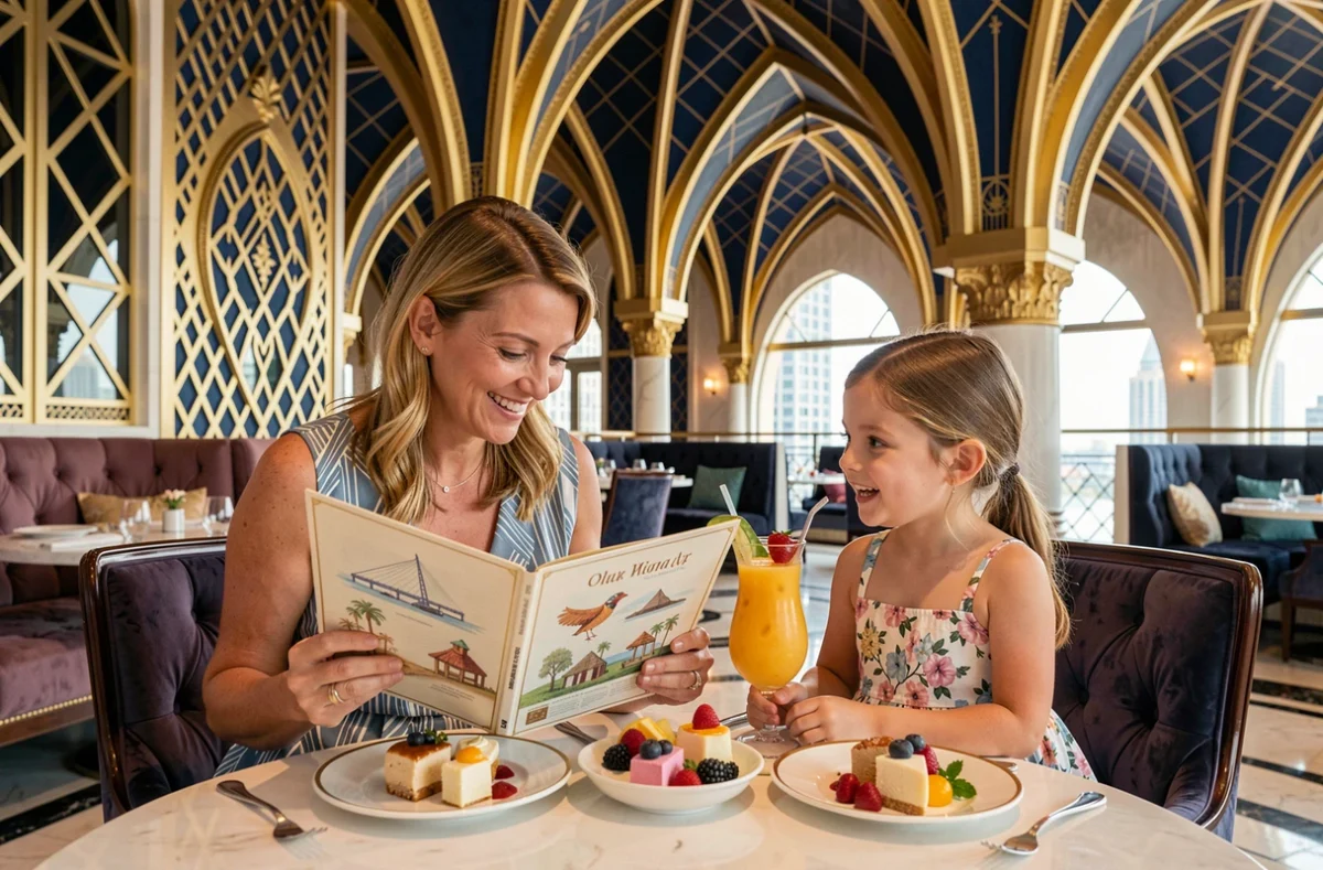 Mère et fille savourant un repas dans le restaurant luxueux du Burdž Al Arab à Dubaï