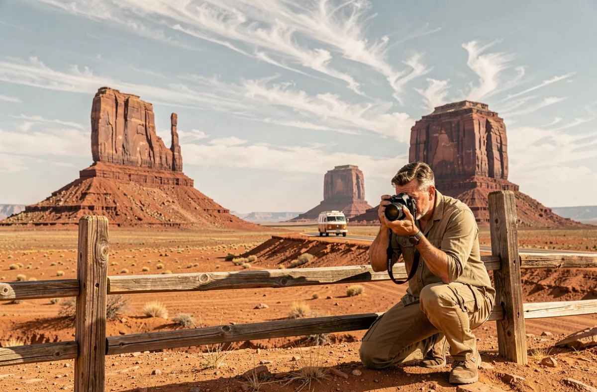 Photographe capturant les formations rocheuses emblématiques de Monument Valley en Arizona lors d'un premier voyage aux États-Unis