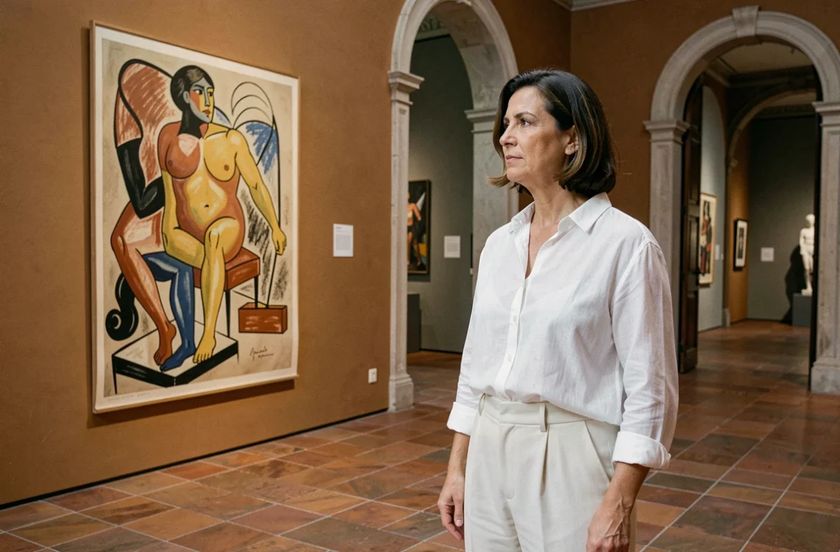 Femme admirant une œuvre au Musée Matisse de Nice dans la villa génoise aux murs ocre