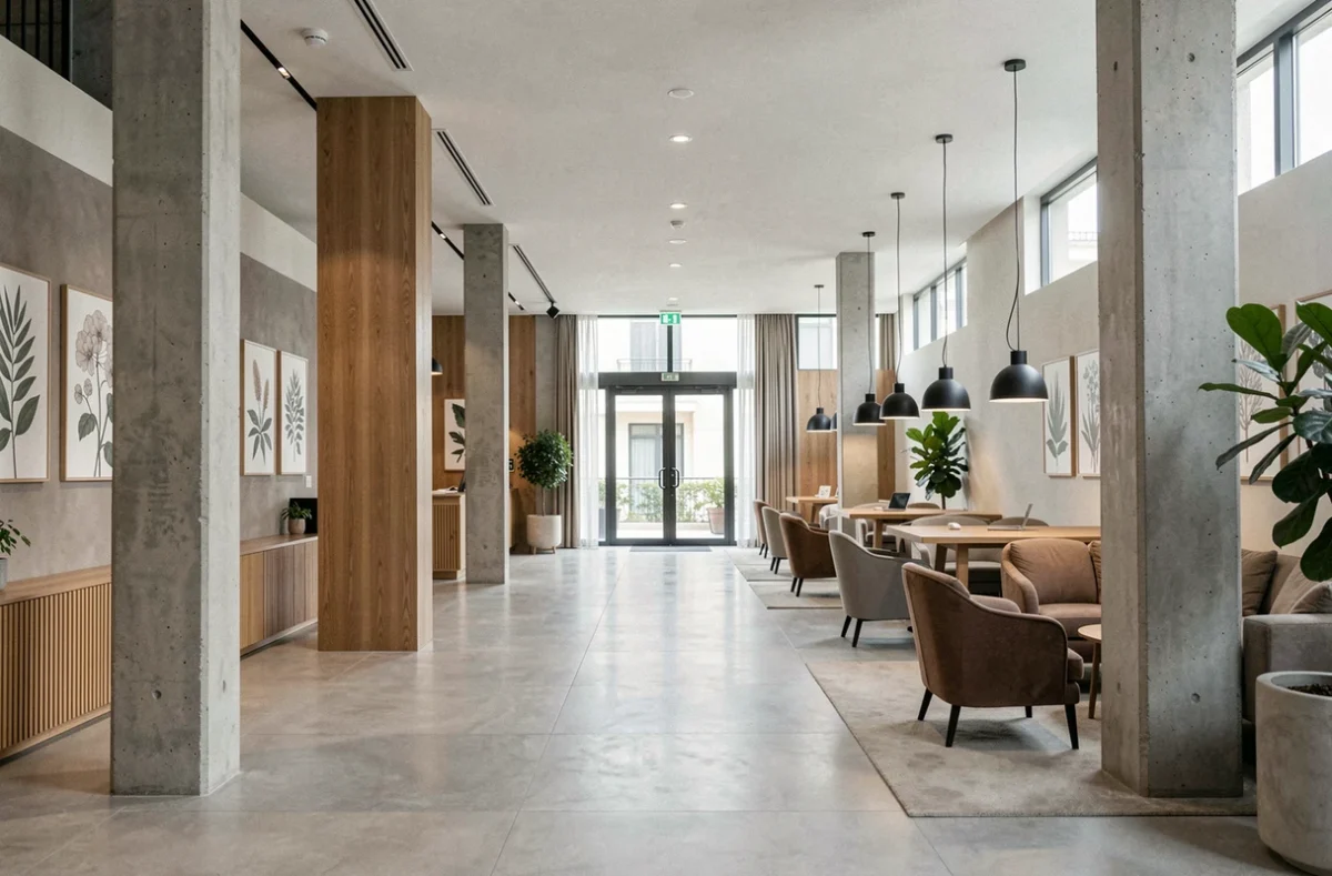 Hall d'entrée contemporain de l'OKKO Hotels Toulon Centre avec décor minimaliste en bois et béton