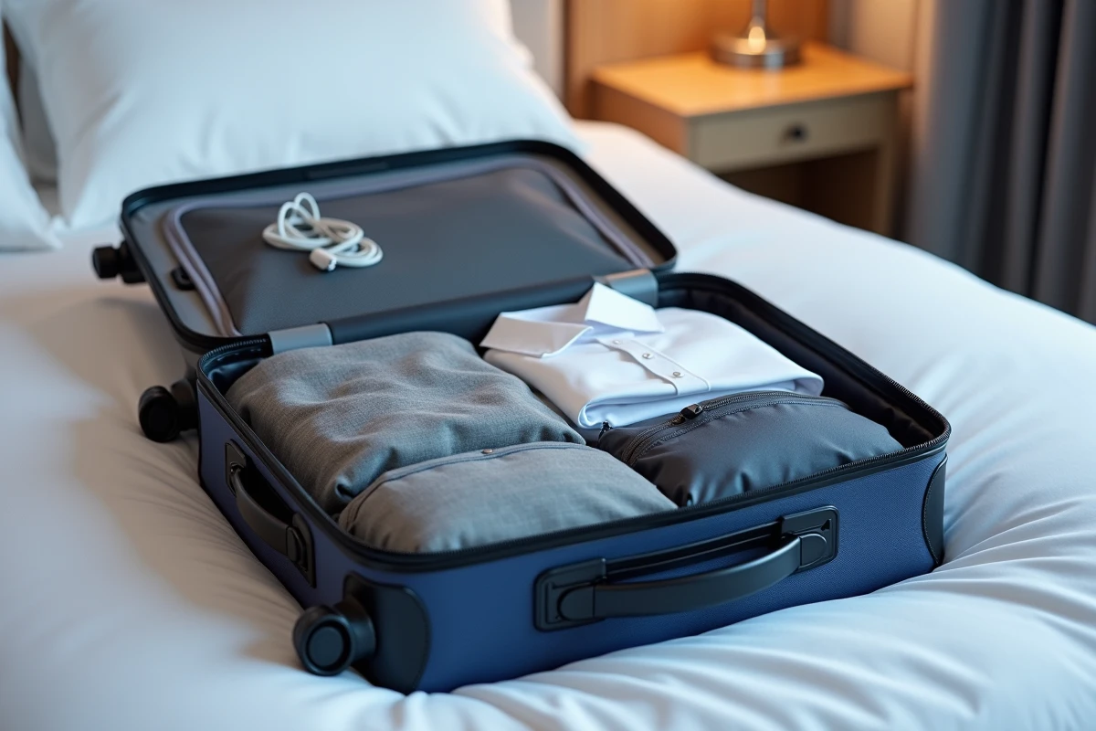Valise cabine ouverte et parfaitement organisée avec des cubes de rangement colorés posée sur un lit d'hôtel