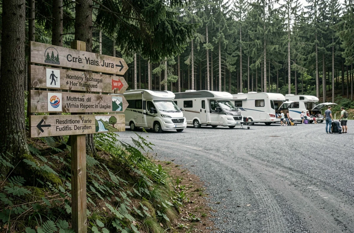 Panneau d'entrée du parking camping-car ombragé accessible près de la Cascade du Hérisson dans le Jura
