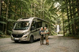Camping-car garé sur un parking ombragé en forêt près de la Cascade du Hérisson dans le Jura