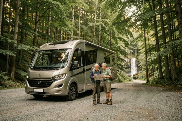 Camping-car garé sur un parking ombragé en forêt près de la Cascade du Hérisson dans le Jura