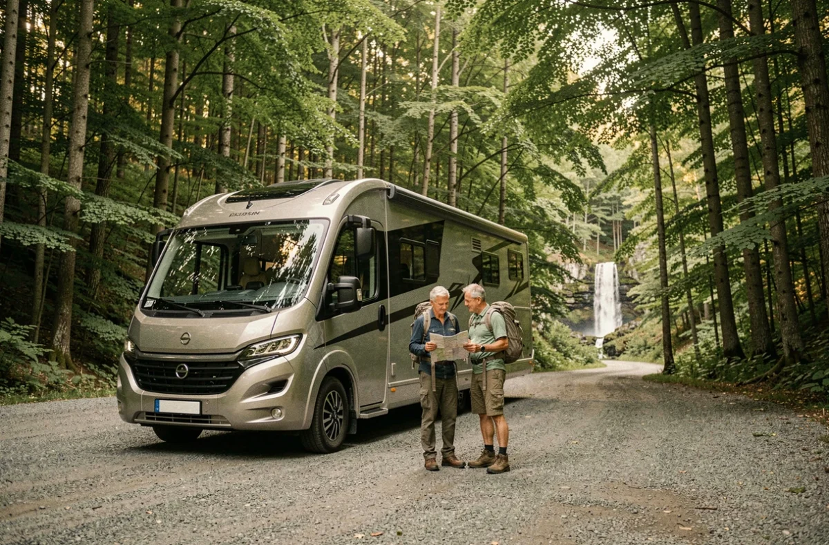Camping-car garé sur un parking ombragé en forêt près de la Cascade du Hérisson dans le Jura