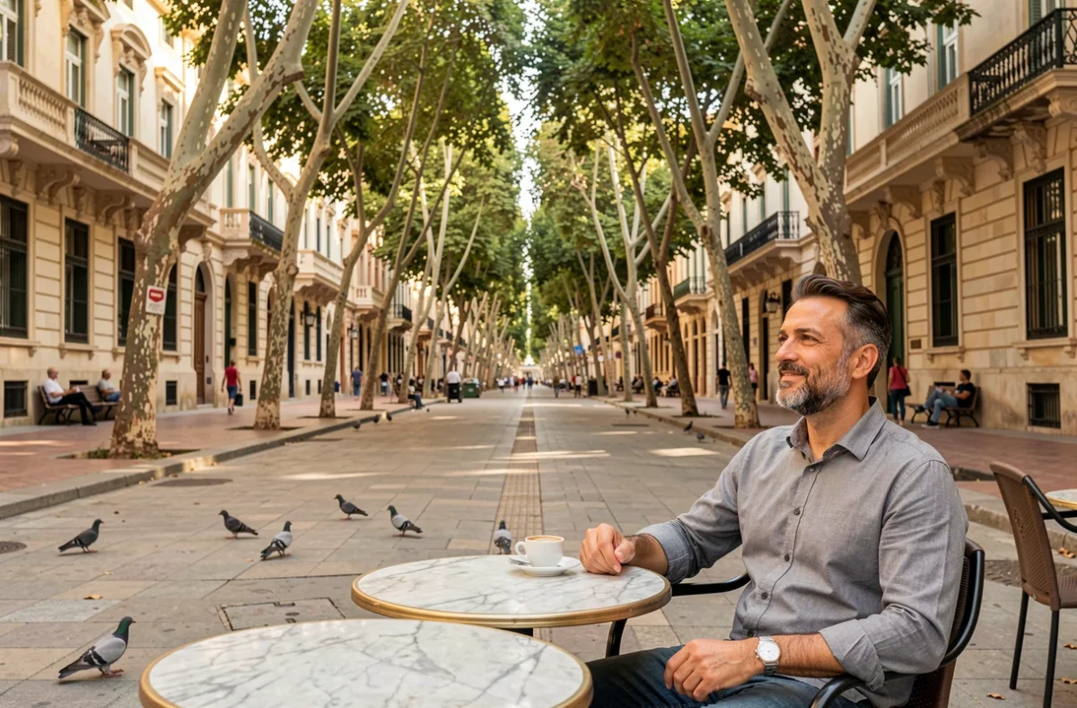 Homme se relaxant en terrasse de café sur le Passeig des Born à Palma de Majorque