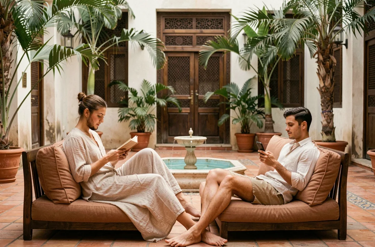 Couple se reposant dans la fraîcheur d'un riad égyptien traditionnel pendant les heures les plus chaudes d'une journée d'août