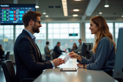 Personne au guichet de train remettant billet et ID