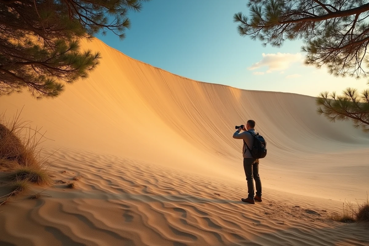 Photographe au pied de la Dune du Pilat capturant la vue panoramique au crépuscule