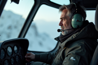 Pilote d'hélicoptère en cabine avec paysage enneige