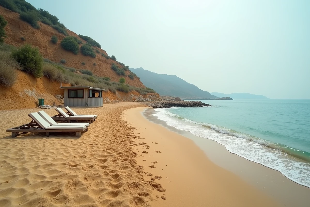 Plage déserte en Crète en octobre avec transats empilés et mer turquoise calme hors saison