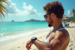 Voyageur détendu regardant sa montre sur une plage en Guadeloupe