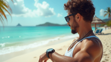Voyageur détendu regardant sa montre sur une plage en Guadeloupe