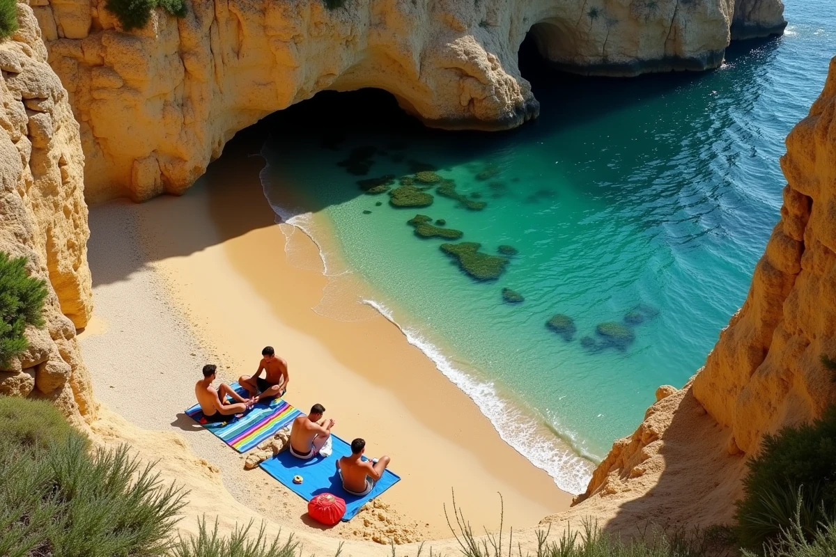 Groupe de locaux italiens installant leurs affaires sur une petite plage de sable cachée entre les rochers de Monopoli, Puglia