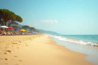 Plage de sable doré près de Pise avec parasols colorés et mer turquoise sur la côte toscane