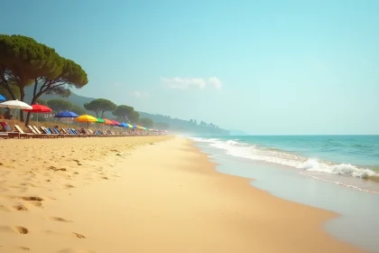 Plage de sable doré près de Pise avec parasols colorés et mer turquoise sur la côte toscane
