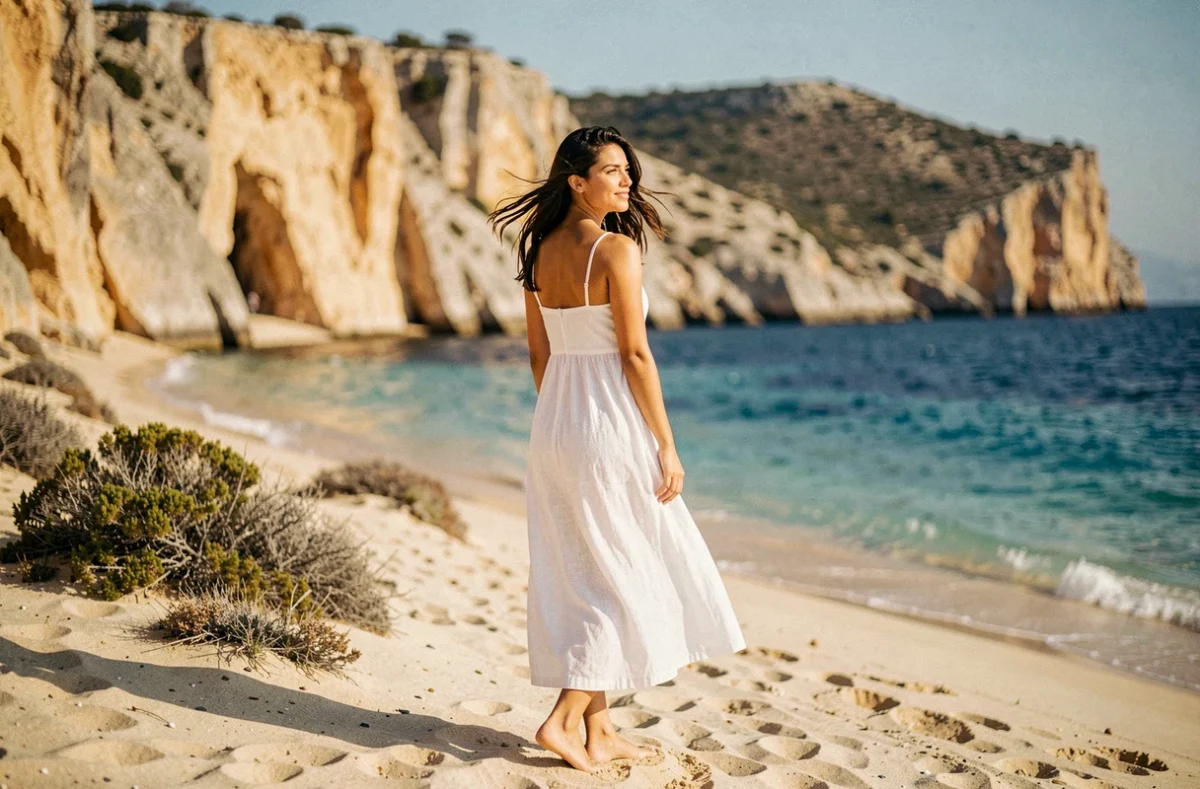 Femme en robe blanche sur une plage sauvage isolée de Karpathos avec falaises dorées et eau turquoise