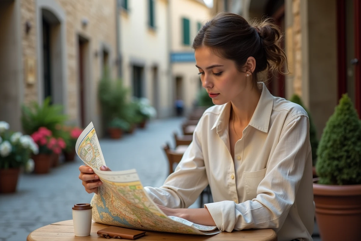 Femme planifiant un itinéraire touristique avec une carte Michelin dépliée sur une table de café en terrasse