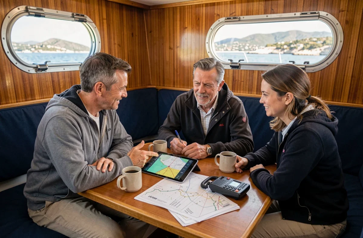 Groupe de navigateurs planifiant un itinéraire de croisière à voile sur tablette dans le carré d'un voilier
