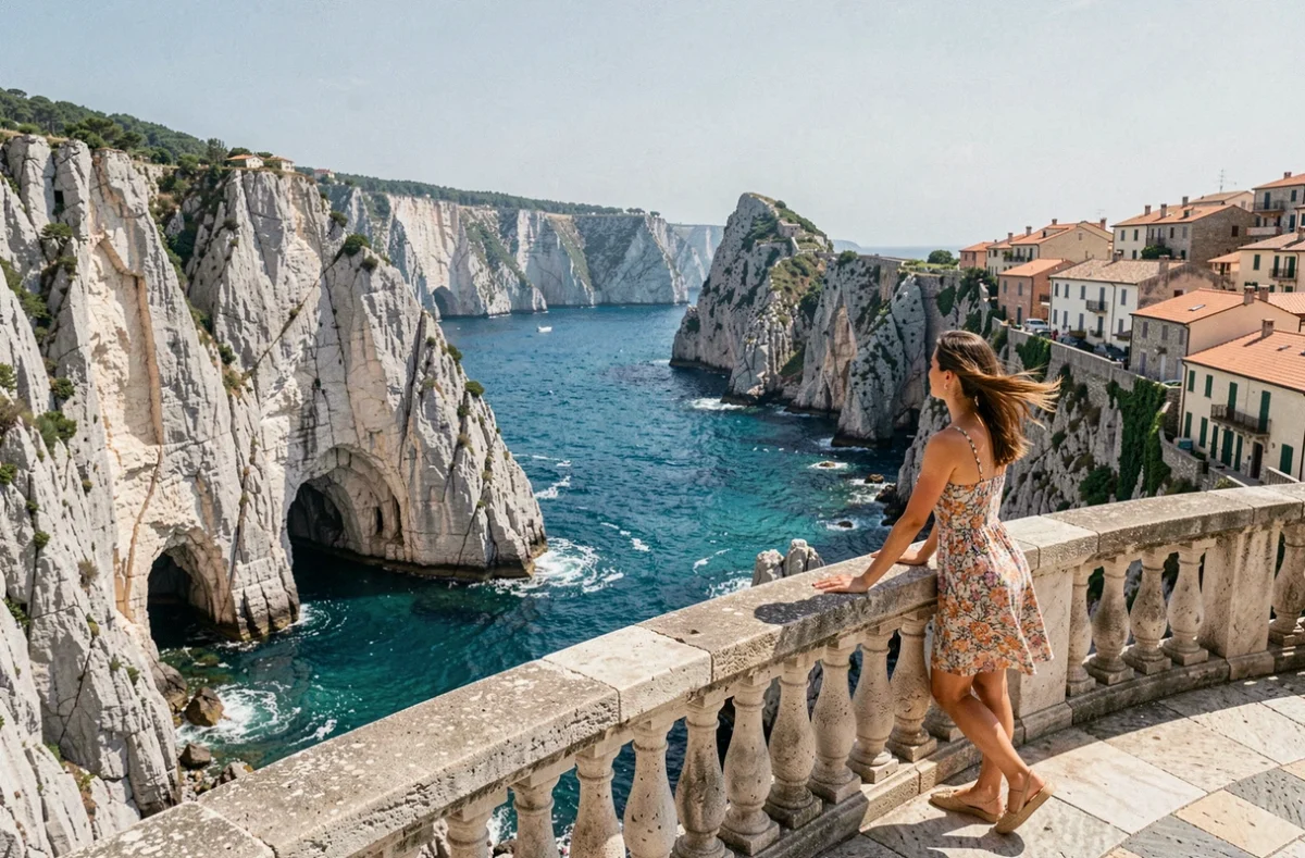 Voyageuse admirant les falaises calcaires et la mer Adriatique depuis Polignano a Mare dans les Pouilles