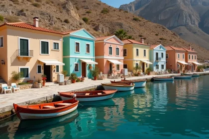 Le port de Chalki avec ses maisons néoclassiques colorées et ses barques de pêche traditionnelles amarrées le long du quai