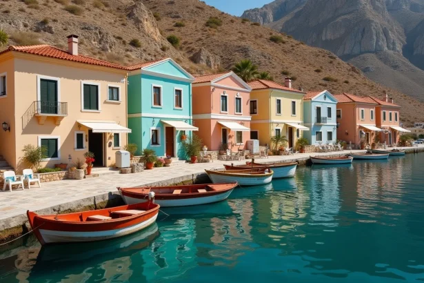 Le port de Chalki avec ses maisons néoclassiques colorées et ses barques de pêche traditionnelles amarrées le long du quai