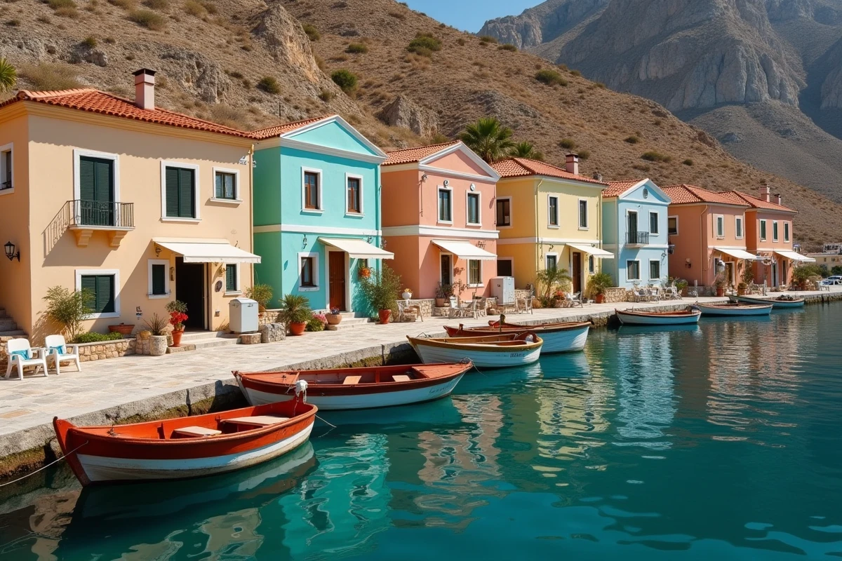Le port de Chalki avec ses maisons néoclassiques colorées et ses barques de pêche traditionnelles amarrées le long du quai