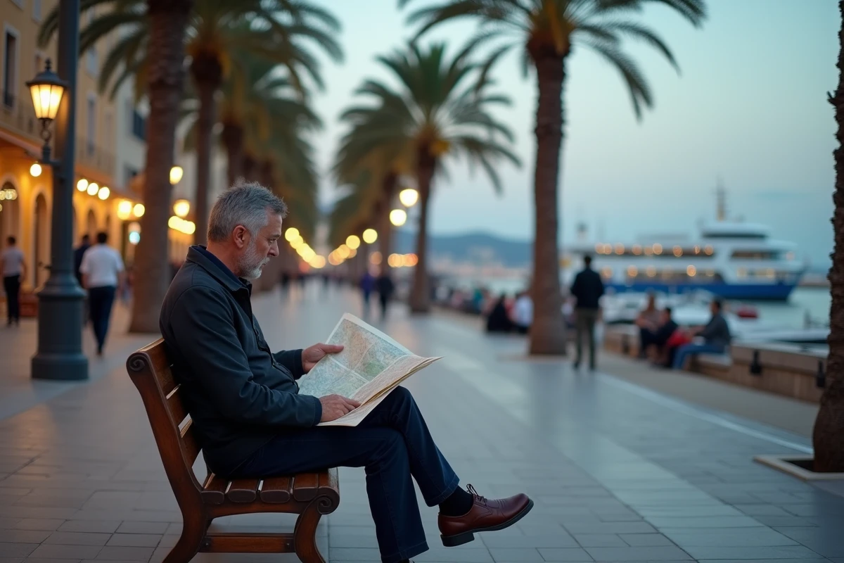 Homme consultant une carte sur le port de Hyères avec vue sur les îles d'Or en arrière-plan au crépuscule