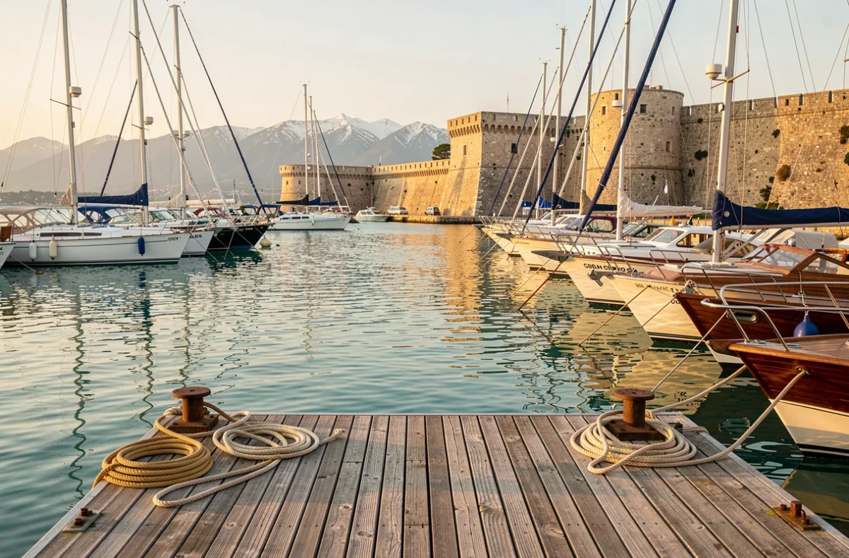 Vue panoramique du port d'Antibes avec voiliers amarrés, reflets dans l'eau turquoise et Fort Carré en arrière-plan