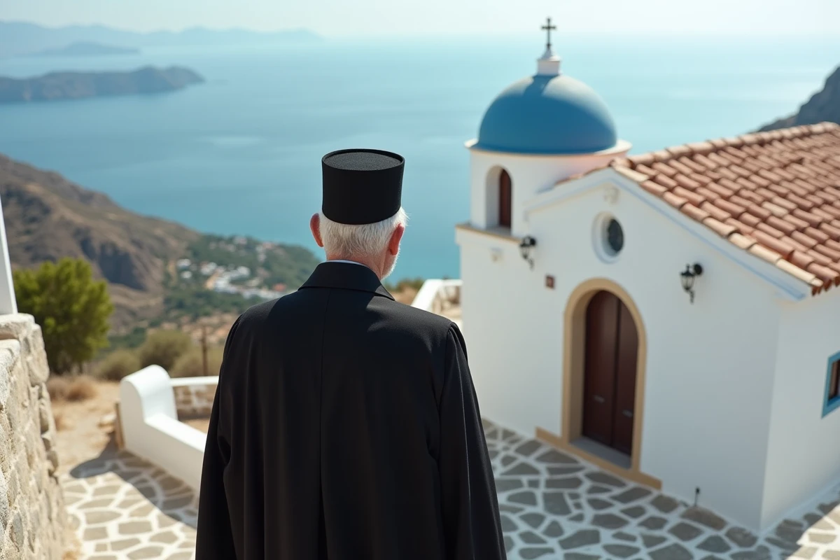Prêtre orthodoxe grec en robe noire devant une chapelle byzantine à dôme bleu dans un village crétois perché