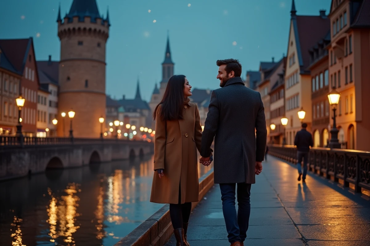 Promenade romantique en amoureux sur les Ponts Couverts de Strasbourg lors du réveillon du Nouvel An
