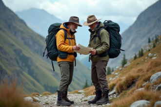 Homme et femme randonneurs vérifiant une carte en montagne