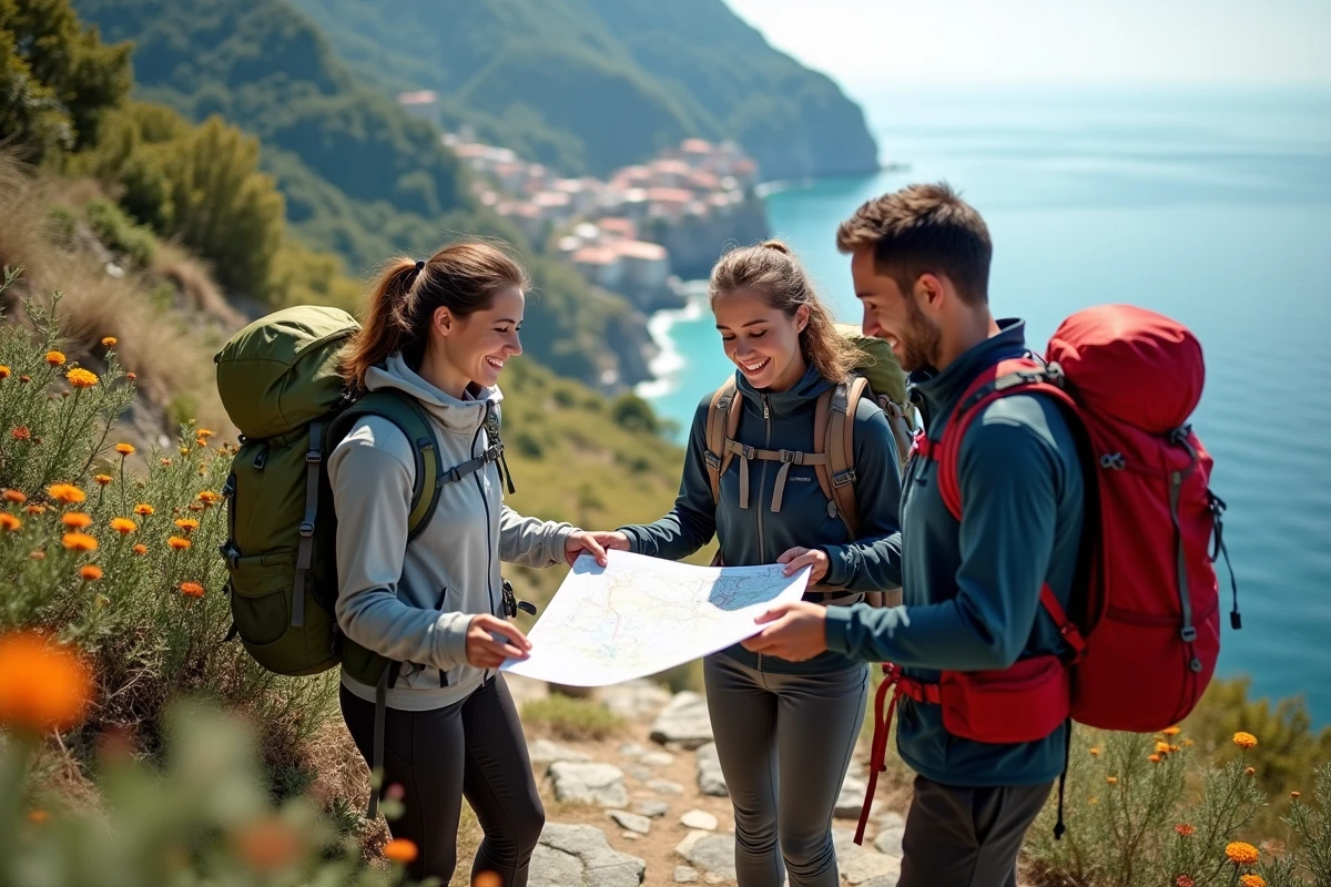 Groupe de randonneurs avec carte sur une colline en Cinque Terre