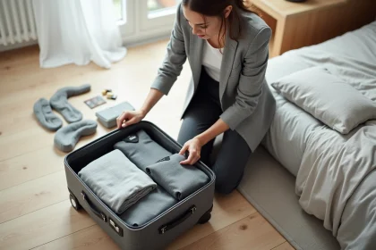 Femme qui range des vêtements compacts dans une valise cabine rigide posée sur le sol d'une chambre minimaliste