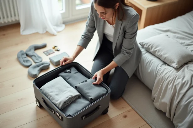 Femme qui range des vêtements compacts dans une valise cabine rigide posée sur le sol d'une chambre minimaliste