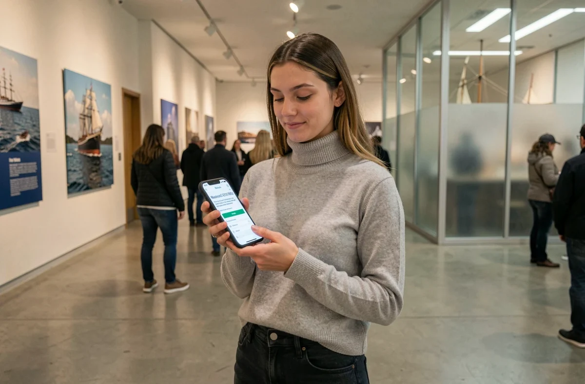 Femme consultant une réservation en ligne sur smartphone dans le hall du musée Titanic de Lyon