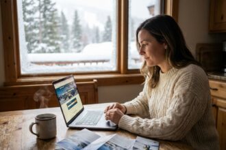Femme réservant un séjour au ski en avance sur son ordinateur portable depuis chez elle en hiver