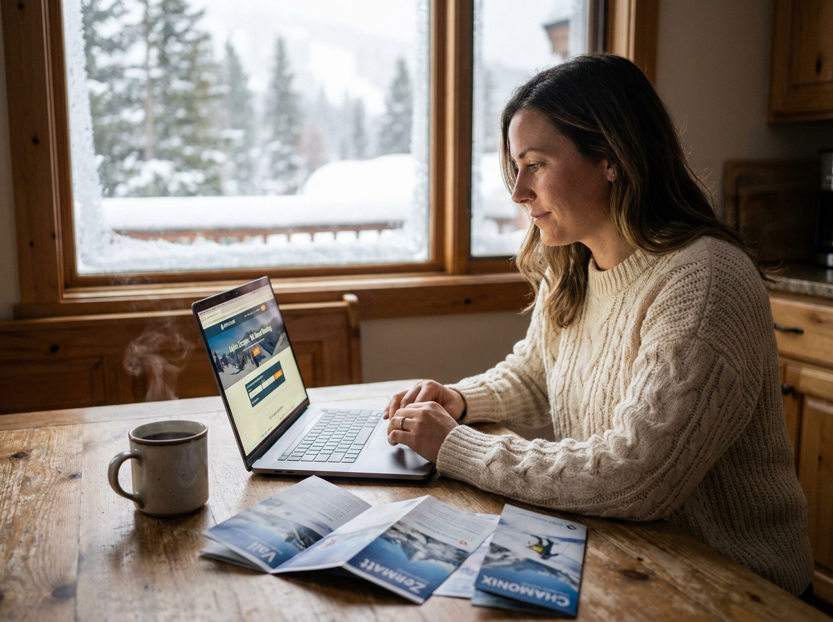 Femme réservant un séjour au ski en avance sur son ordinateur portable depuis chez elle en hiver