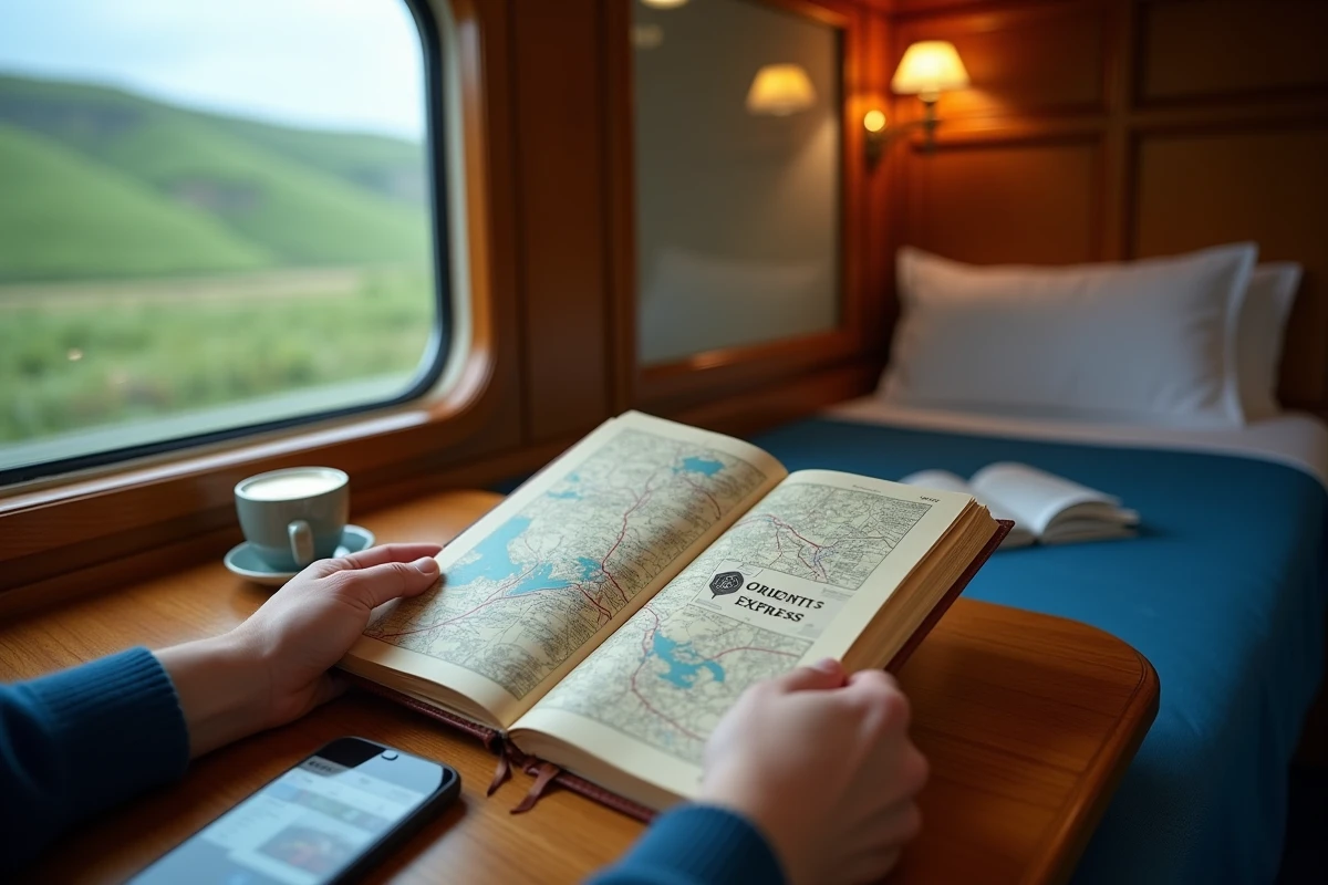 Mains tenant un journal de voyage et une brochure Orient Express 2026 dans un compartiment privé avec carte des itinéraires