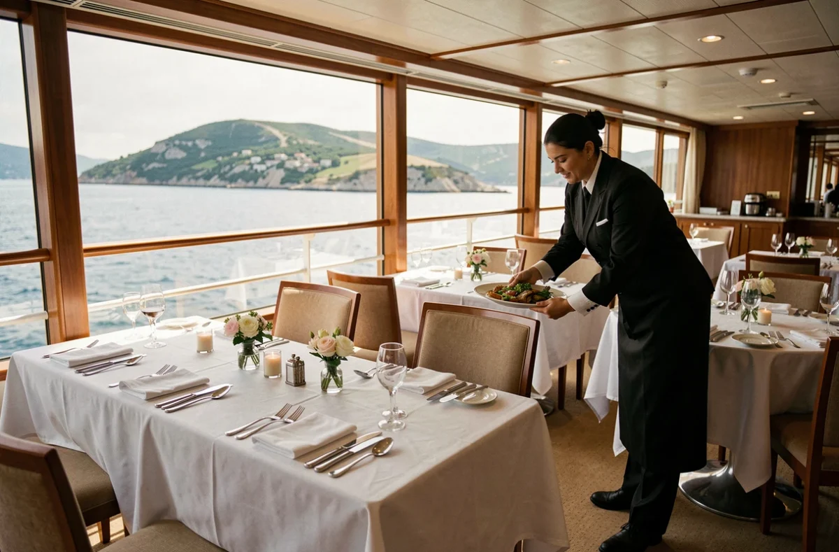 Restaurant élégant à bord d'un bateau de croisière en Méditerranée avec vue panoramique sur la mer
