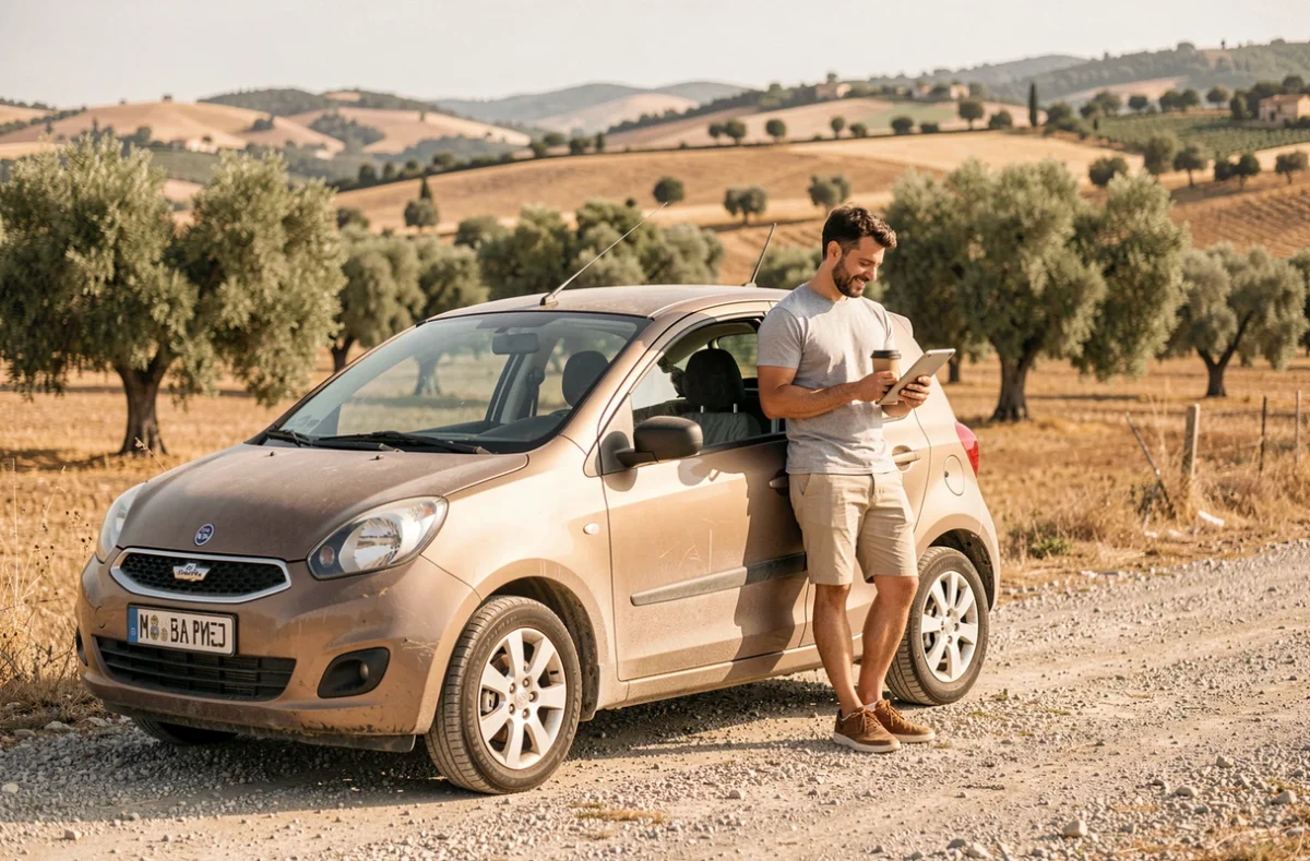 Couple en road trip économique en août dans la campagne méditerranéenne avec une voiture de location
