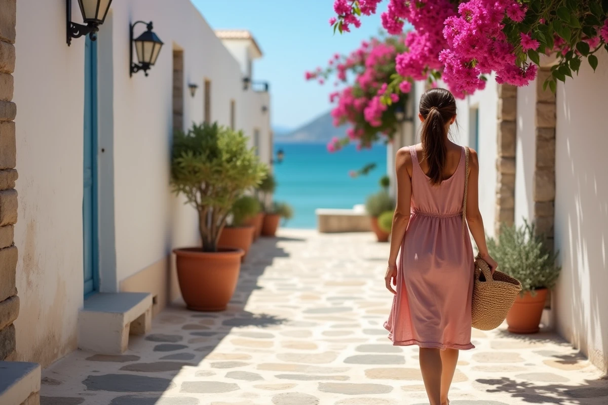 Voyageuse explorant une ruelle pavée de l'île de Chalki avec des bougainvilliers et une vue sur la mer Égée