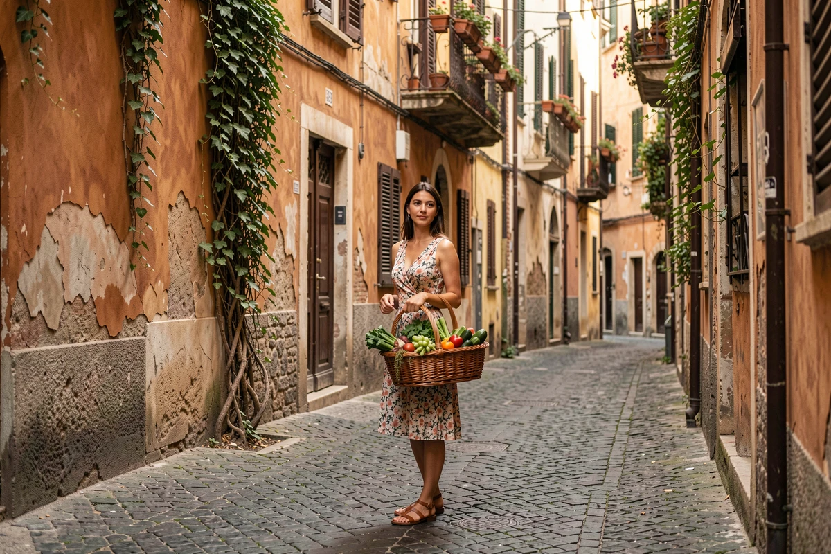 Ruelle pavée du quartier Trastevere à Rome avec une femme portant un panier en osier longeant des façades ocre