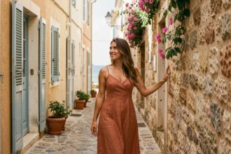 Femme en robe de lin se promenant dans une ruelle pavée de la vieille ville d'Antibes avec bougainvilliers et façades en pierre ocre
