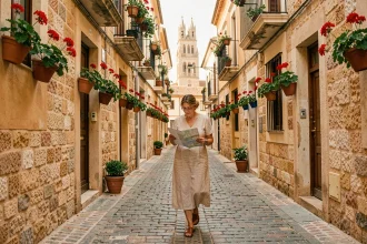 Touriste se promenant dans une ruelle pavée du vieux Palma de Majorque avec la cathédrale en arrière-plan