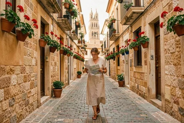 Touriste se promenant dans une ruelle pavée du vieux Palma de Majorque avec la cathédrale en arrière-plan