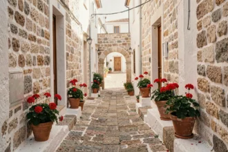 Ruelle pavée aux murs blancs chaulés d'un village des Pouilles avec des pots de fleurs colorés et une arche en pierre