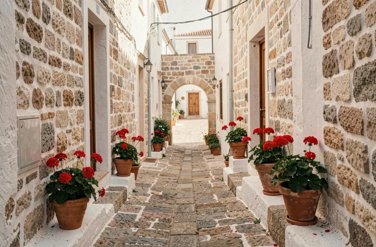 Ruelle pavée aux murs blancs chaulés d'un village des Pouilles avec des pots de fleurs colorés et une arche en pierre
