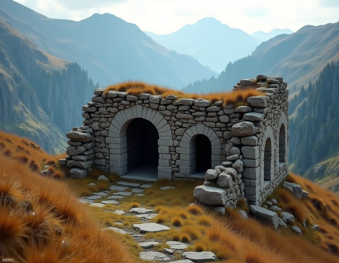 Ruines de l'hospice médiéval du Col du Petit-Saint-Bernard entourées de prairies alpines en automne
